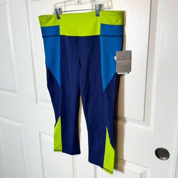 NWT Athleta High Rise Luma Chaturanga Capri XL Leggings Colorblock Navy Green - Picture 2 of 12